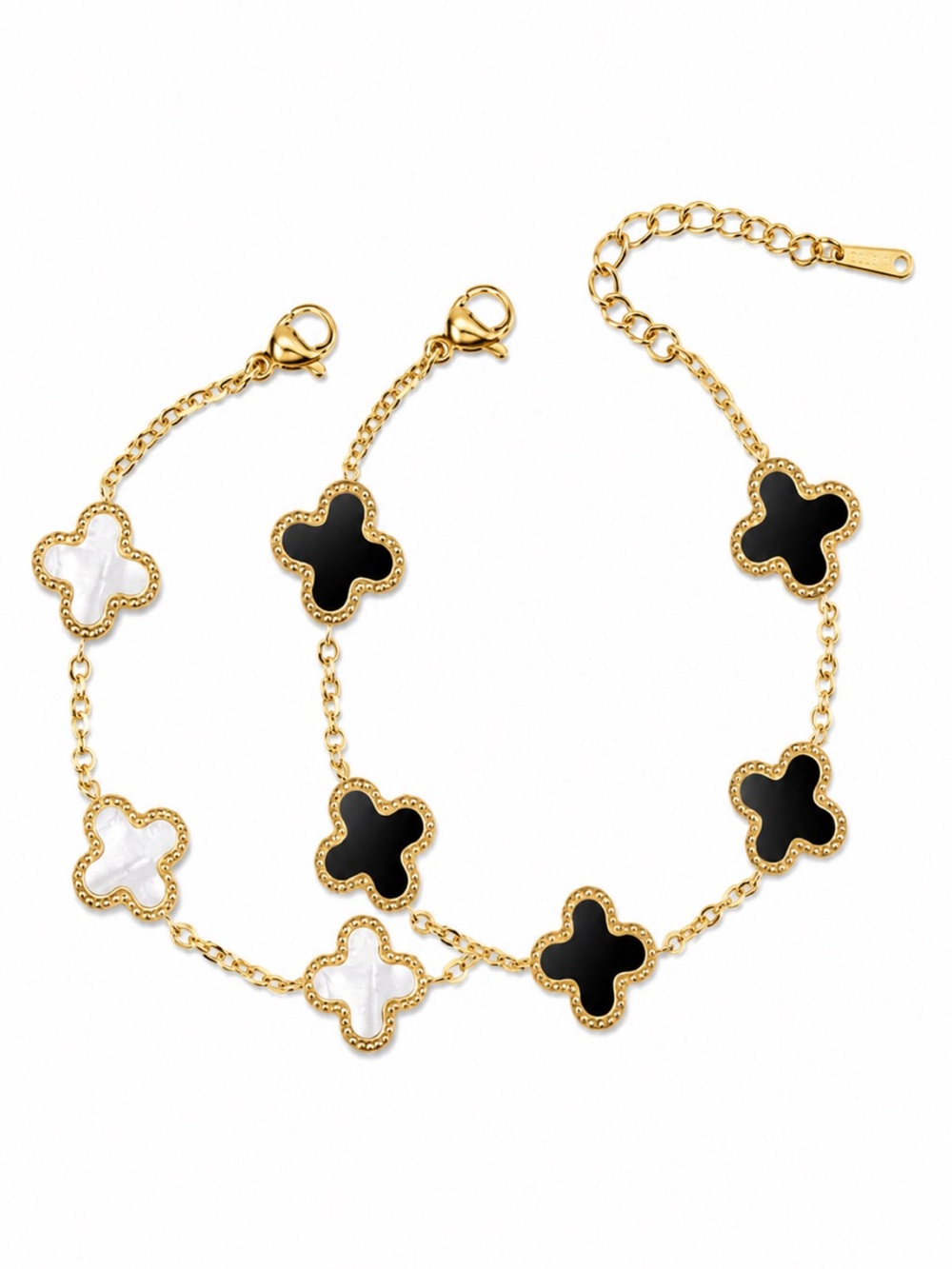 18K Gold Lucky Clover Bracelet Set Black Enamel Dainty VC Alhambra Style Charm - Picture 2 of 3